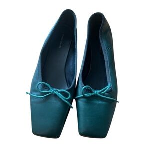 Mansur Gavriel Forest Green Square Toe Ballet Flat with Bow, size 37
